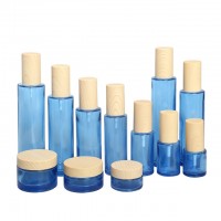 Fuyun Quick shipping cosmetic cream skin care blue glass jar and bottle with bamboo screw cap